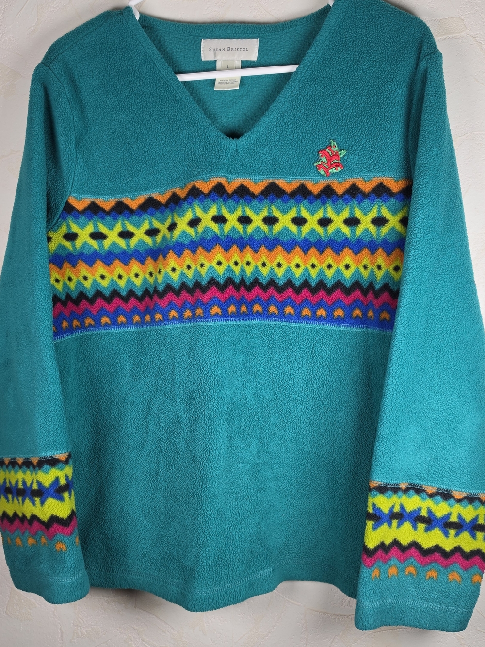 80s 90s Fleece By Susan Bristol Women's Geometric V-Neck Vintage Sweater Large